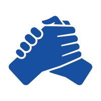 Blue handshake icon on black background